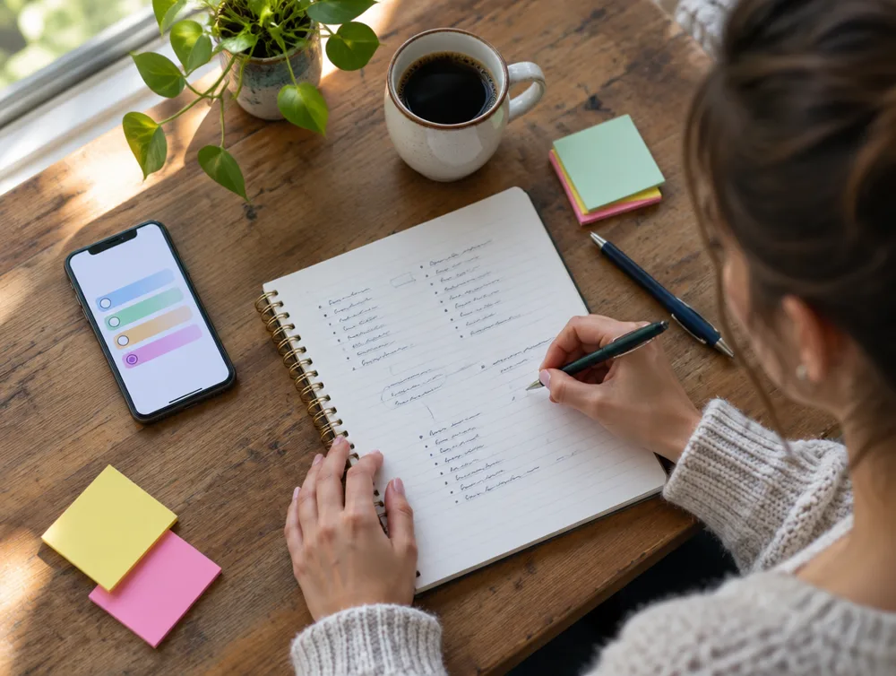 Caderno aberto com anotações e um celular com uma enquete na mesa