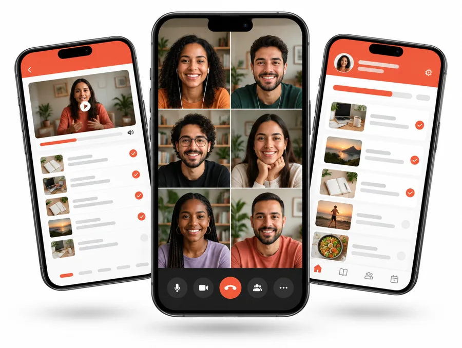 Três celulares mostrando uma aula gravada, uma turma ao vivo e uma área de membros